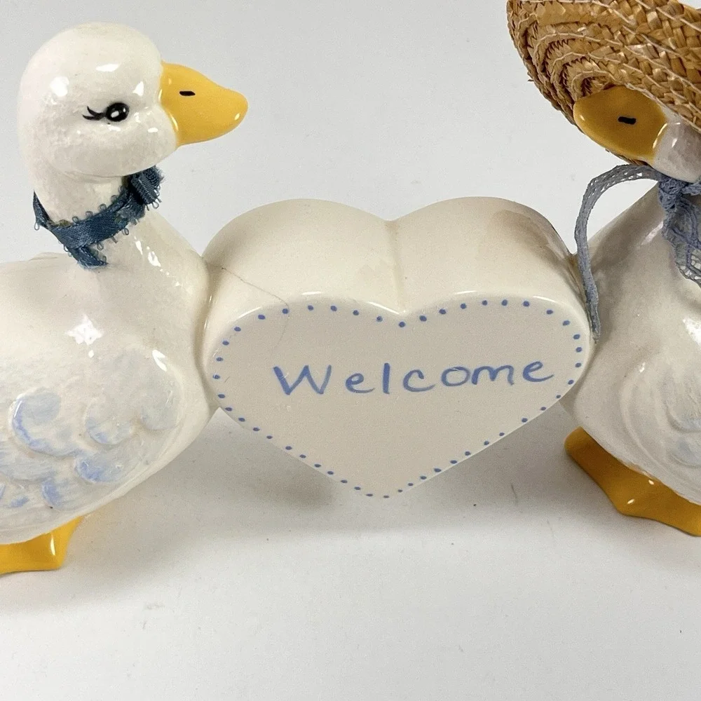 Vintage Goose Duck Figurine Welcome Blue Ribbon Hat Cottagecore Grandma Country